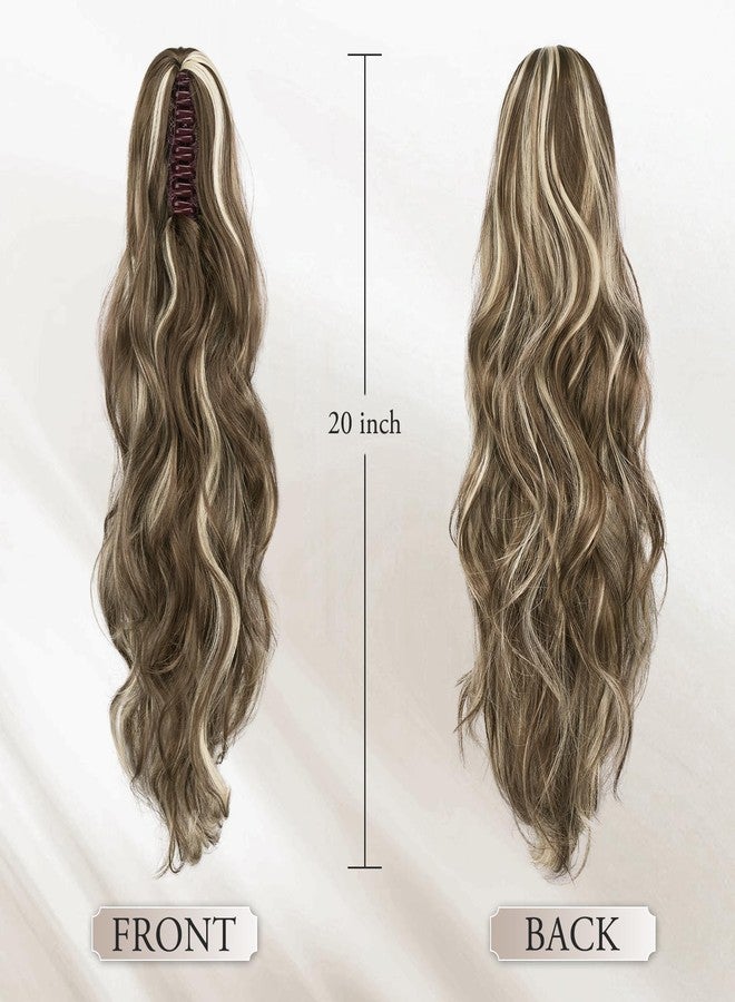 BARSDAR Claw Clip Ponytail Extension - 20 Inch Wavy Highlight Ponytail Hair Extensions for Women - Synthetic Claw Clip in Pony Tail Hairpieces Daily Party - Brown & Ash Blonde Highlights - Image 2